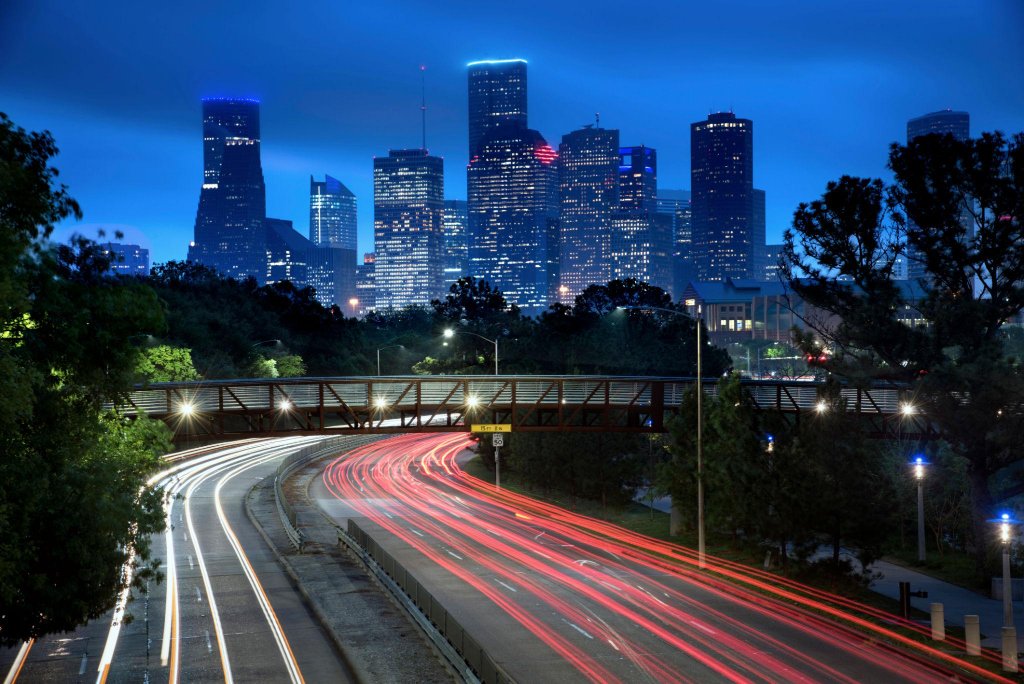 Houston skyline at night with power