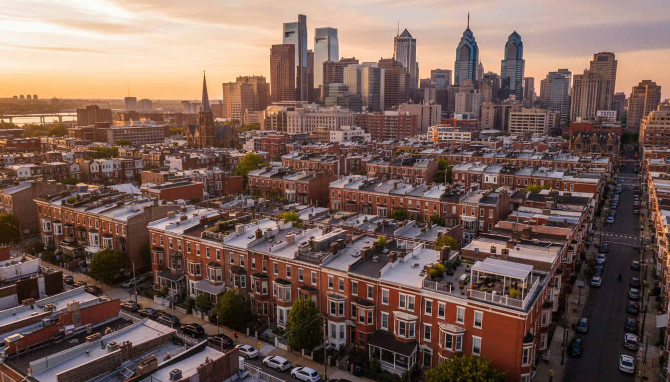 Philadelphia row homes at golden hour