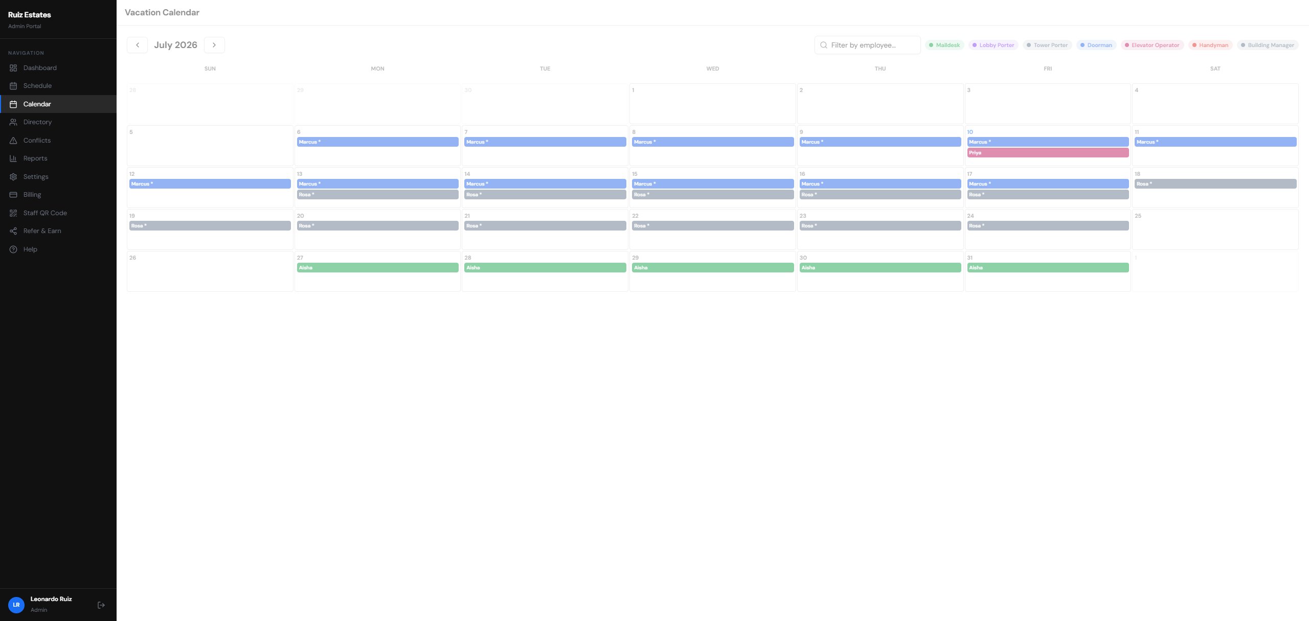 WorkNest vacation calendar with color-coded leave by role