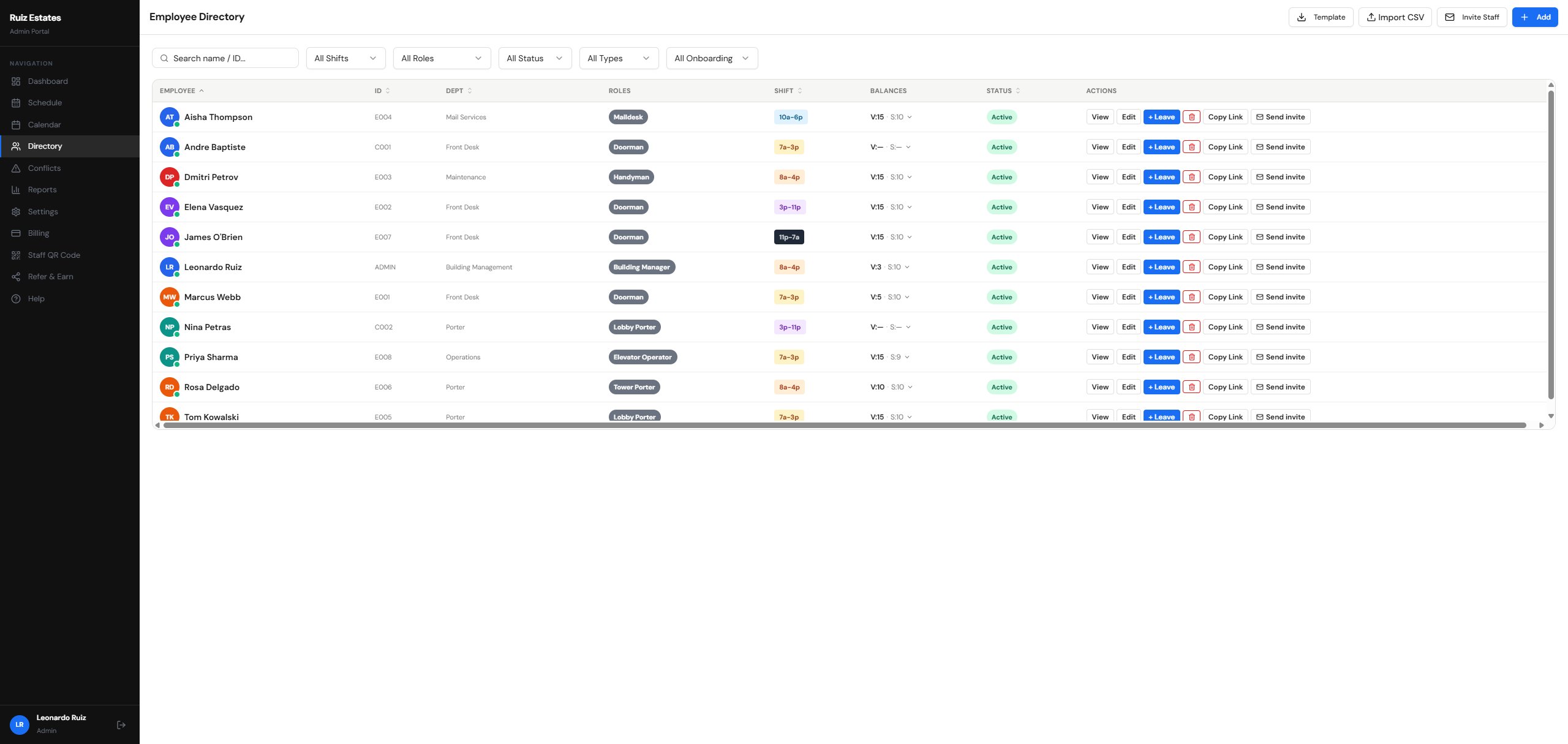WorkNest employee directory with roles, shifts, balances, and onboarding status