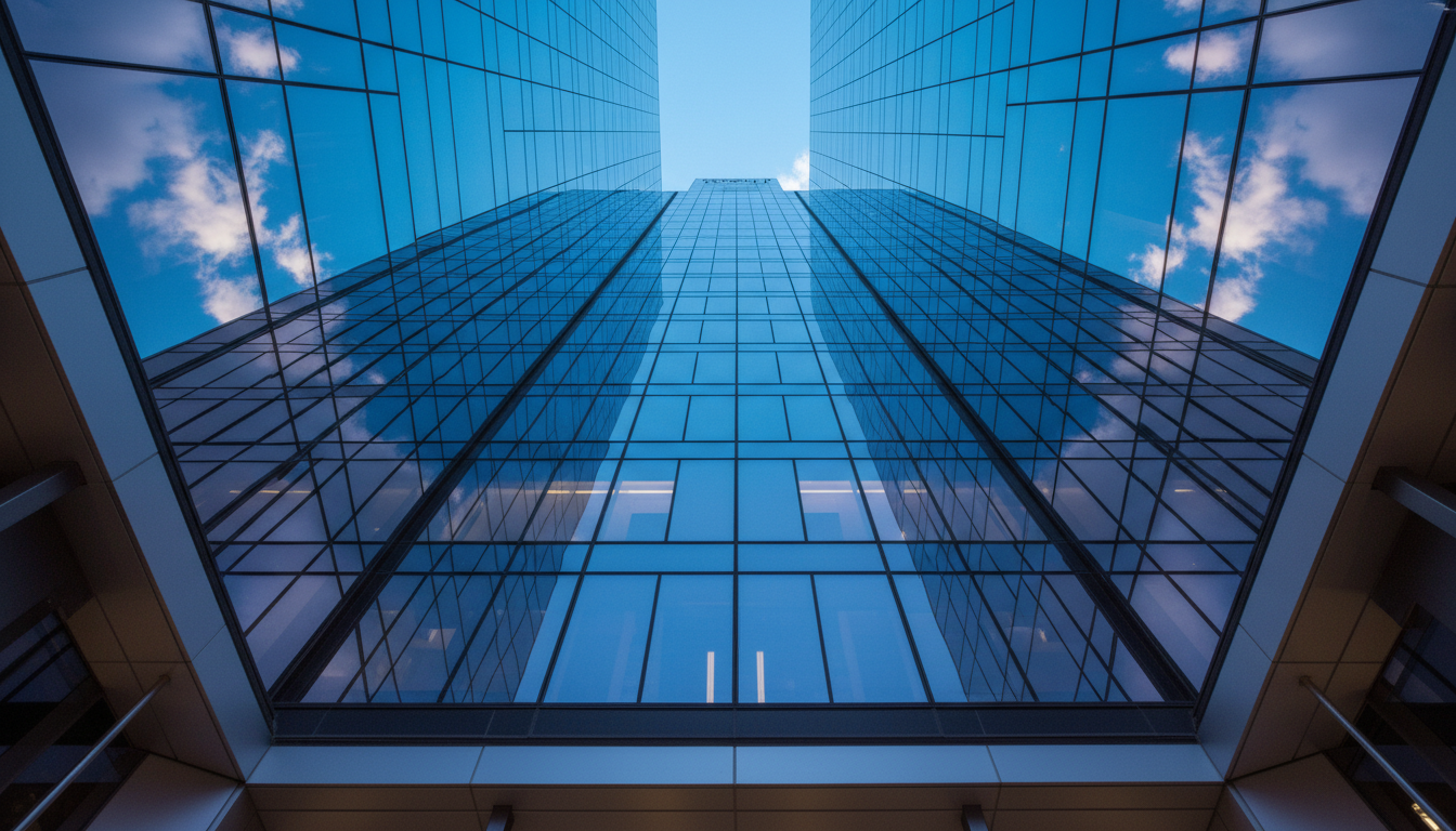 Modern glass skyscraper reflecting clear sky