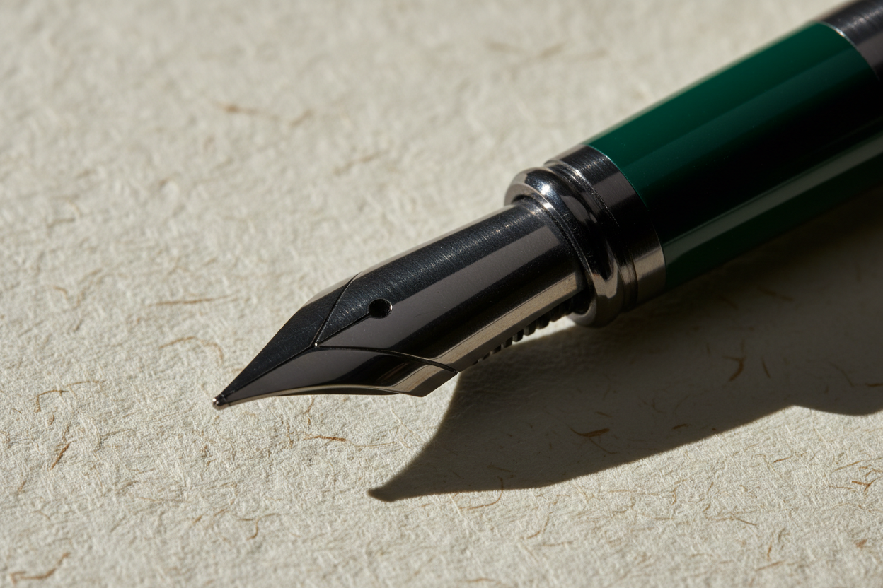 Macro photograph of a luxury fountain pen nib on premium paper