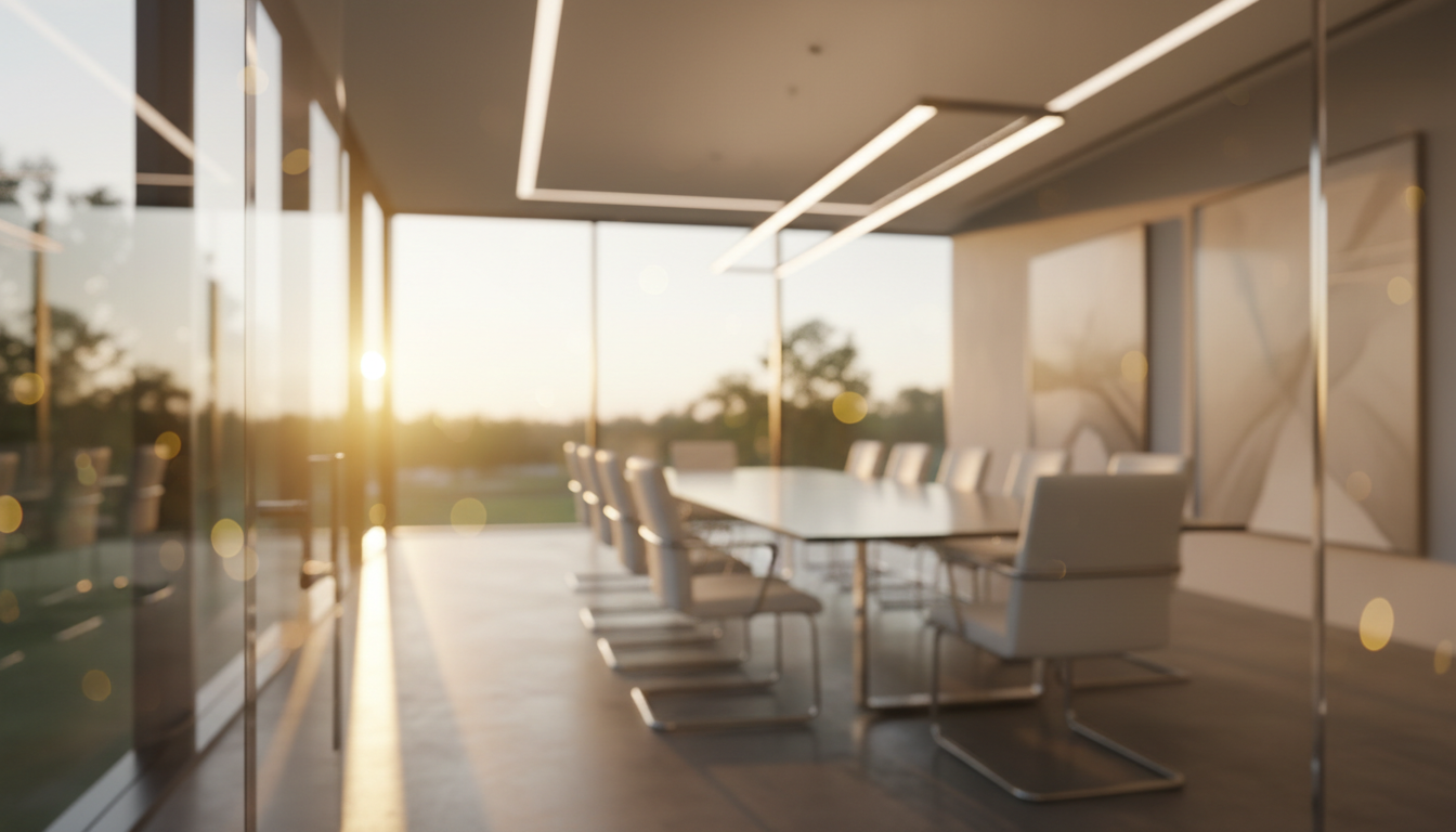 Modern glass boardroom at dawn