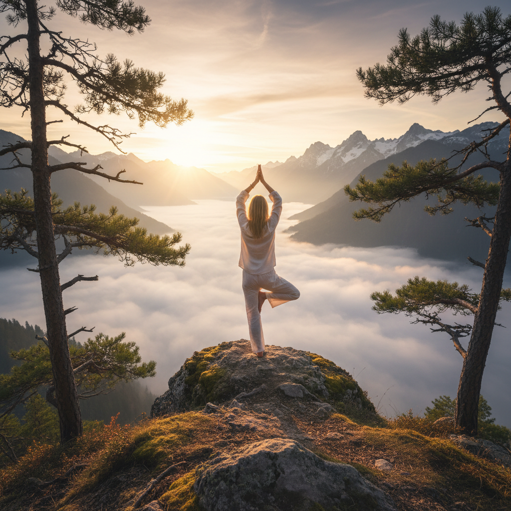 Woman in yoga tree pose on mountain clifftop