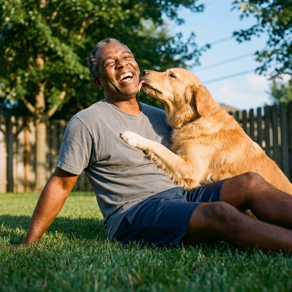 A man laughing with his golden retriever on the lawn