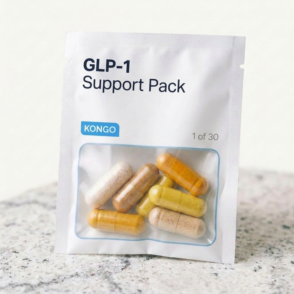Kongo GLP-1 Support Pack supplement pouch with daily capsules, 1 of 30.