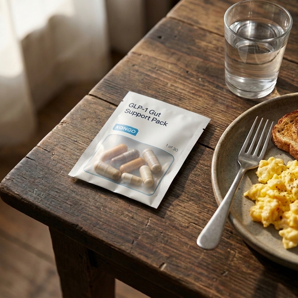 Kongo GLP-1 Gut Support Pack on a breakfast table next to a glass of water.