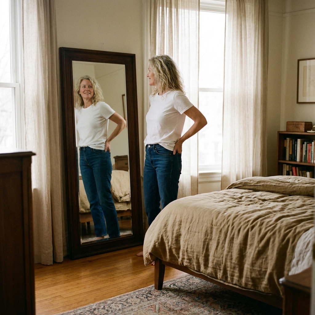 A woman checking her reflection with a gentle smile