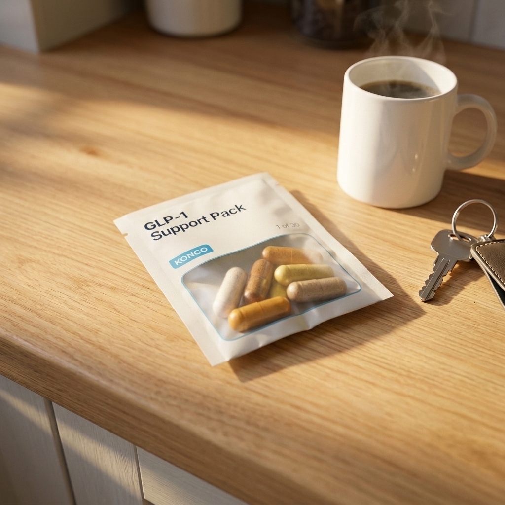 Kongo GLP-1 Support Pack on a kitchen counter next to a coffee mug and keys.