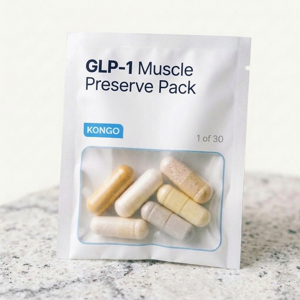 Kongo GLP-1 Muscle Preserve Pack supplement pouch with daily capsules, 1 of 30.