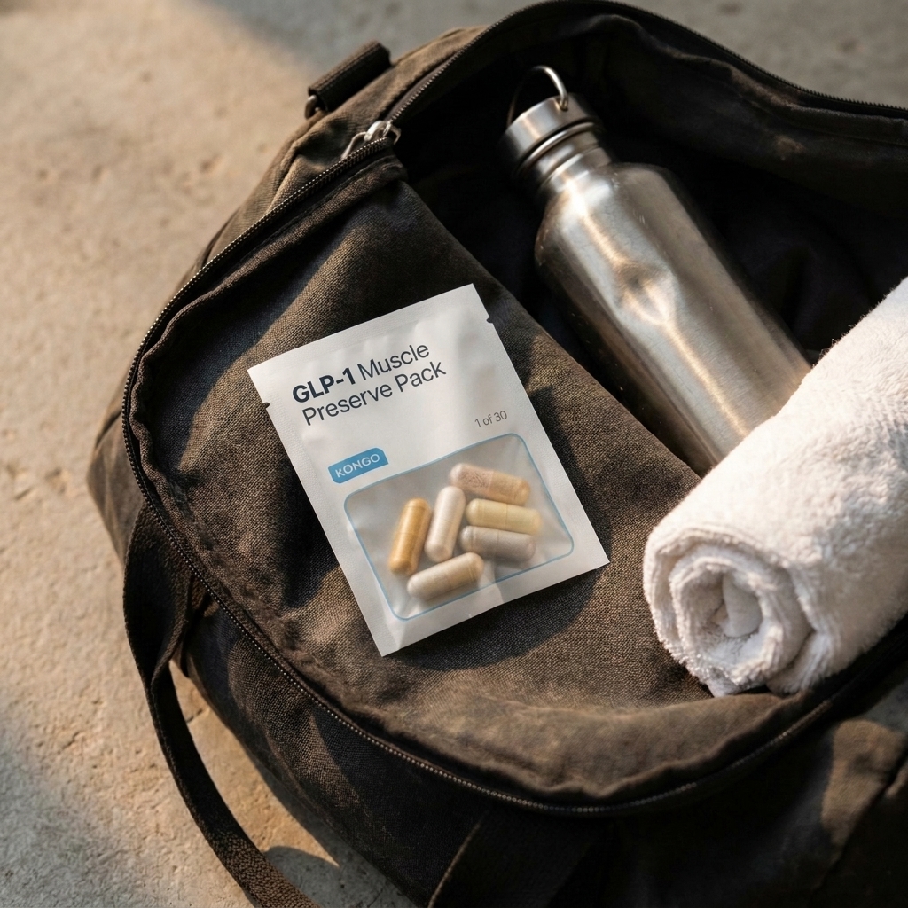 Kongo GLP-1 Muscle Preserve Pack in a gym bag next to a water bottle and towel.