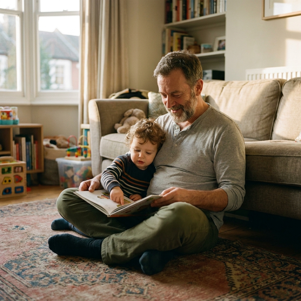 A man reading a book with his grandchild