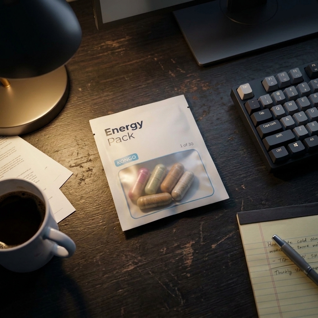 Kongo Energy Pack on a desk next to a keyboard and coffee.