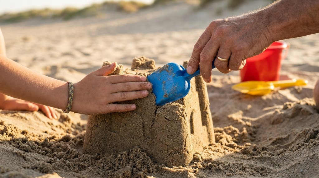 Adult and child hands building sandcastle
