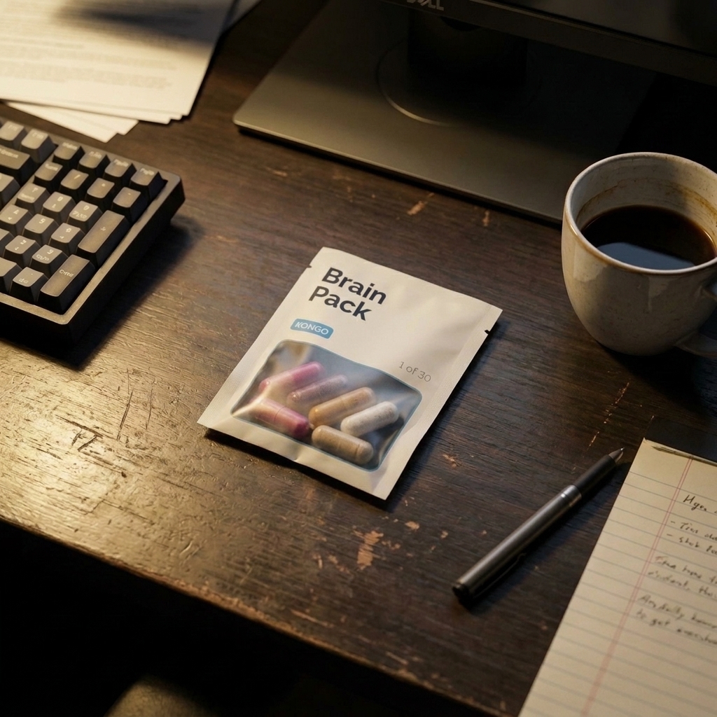 Kongo Brain Pack on a desk next to a keyboard and coffee.