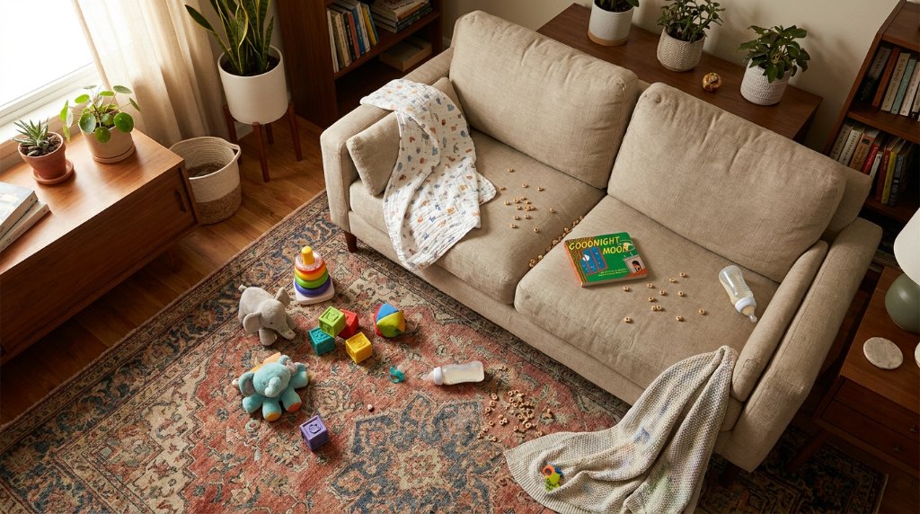 Family living room with baby