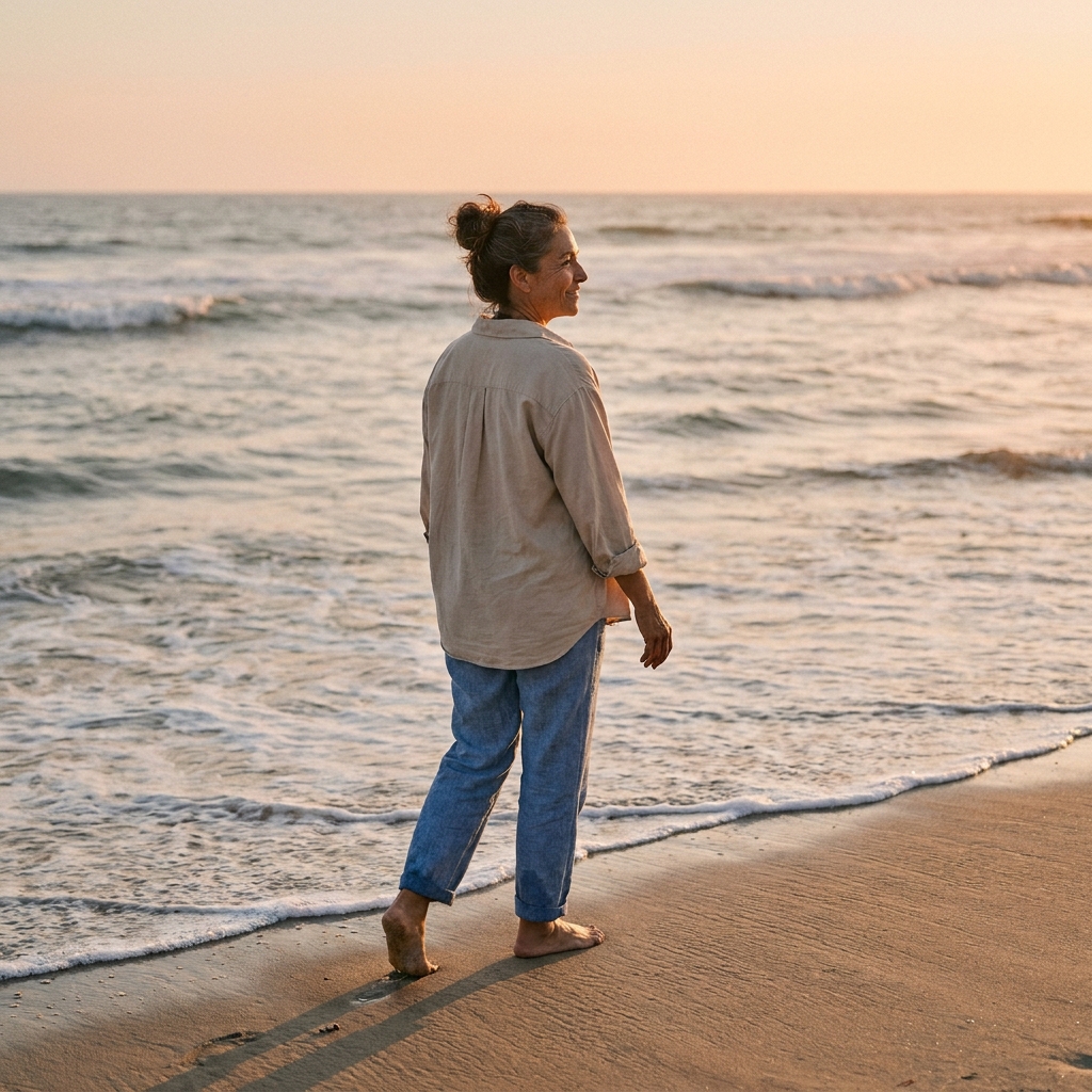 A woman walking barefoot along the shoreline at golden hour