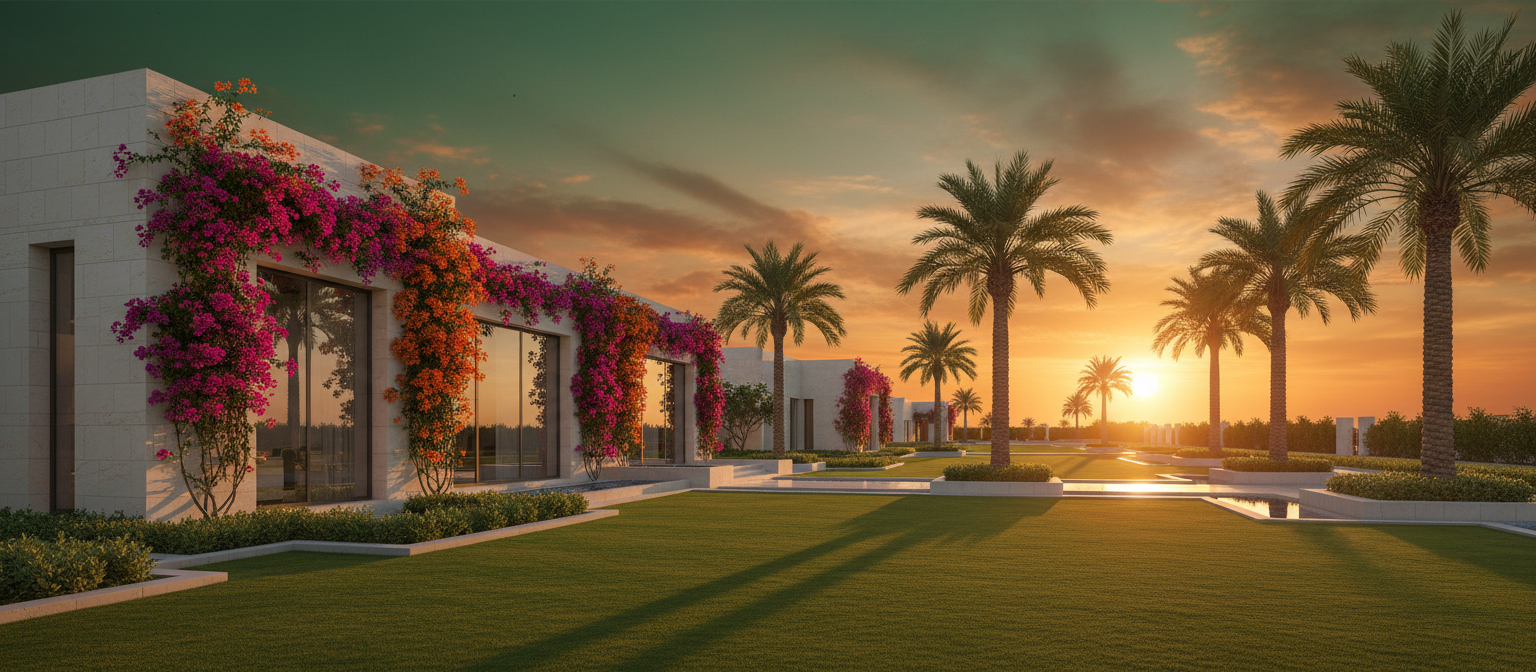 Luxury villa garden in Muscat with bougainvillea and palm trees at sunset