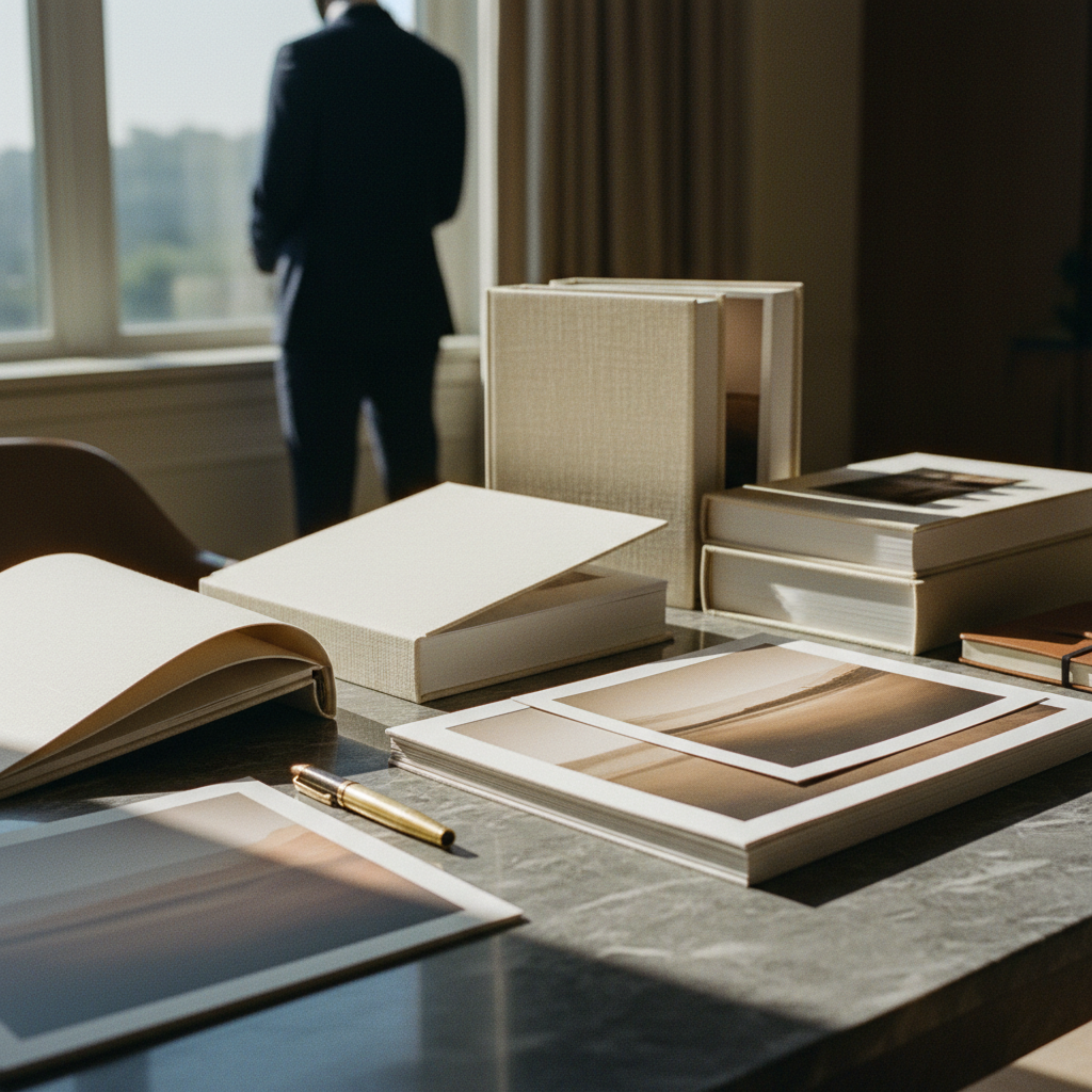 Premium photo albums and fine art prints on marble surface