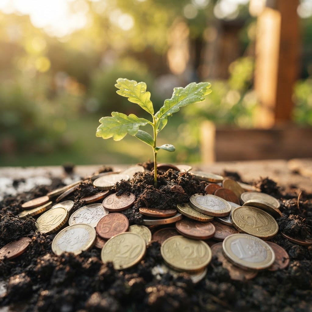 A young seedling growing from a mound of coins