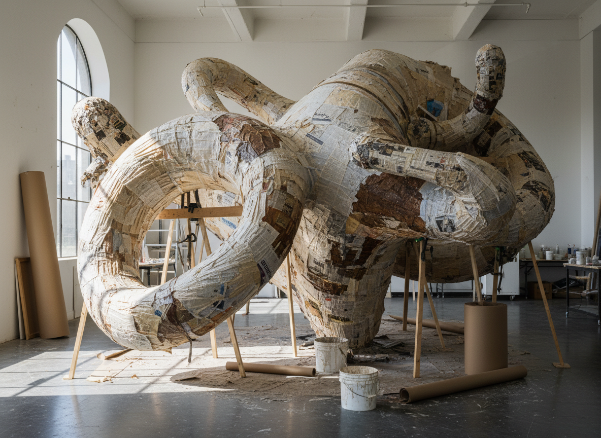 Large papier-mâché sculpture being constructed in the studio