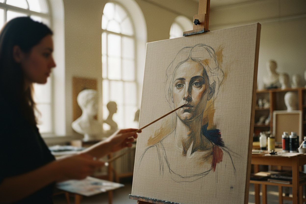 Instructor providing guidance on a painting in progress