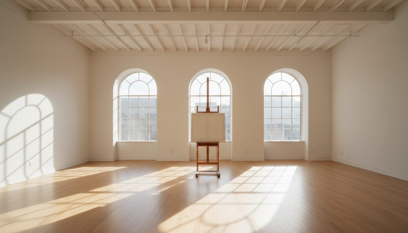 Sunlit professional art studio with easel and natural light