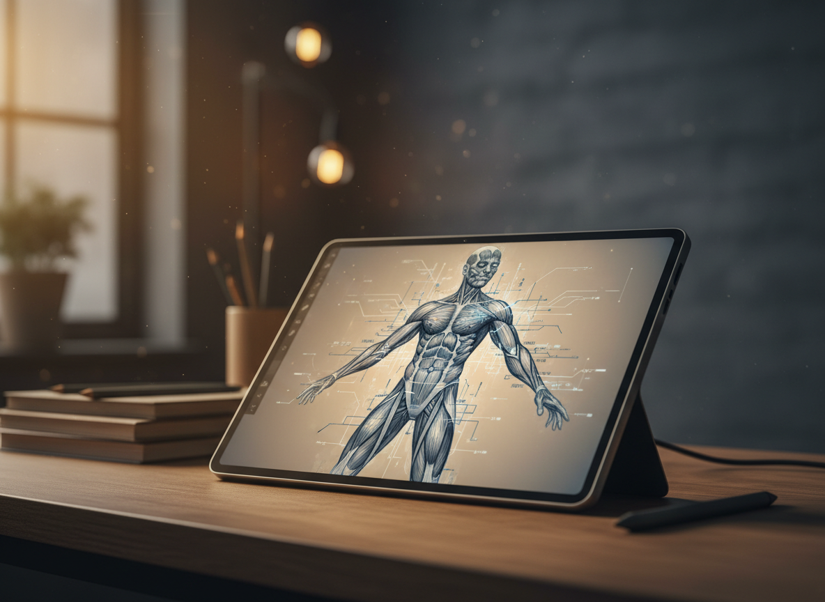 Digital drawing tablet displaying an anatomical sketch