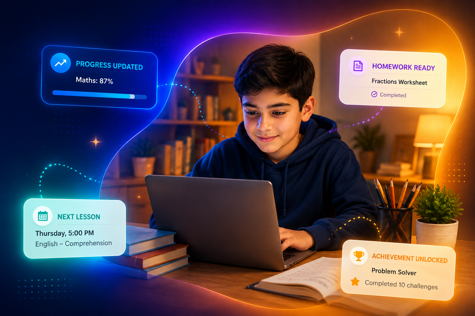 Student completing online 11+ learning activities