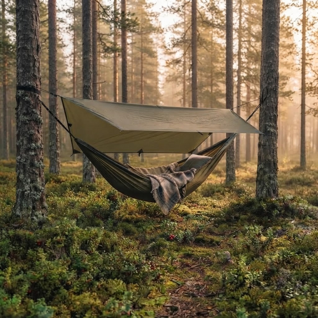 A hammock with a tarp shelter deep in the pine forest