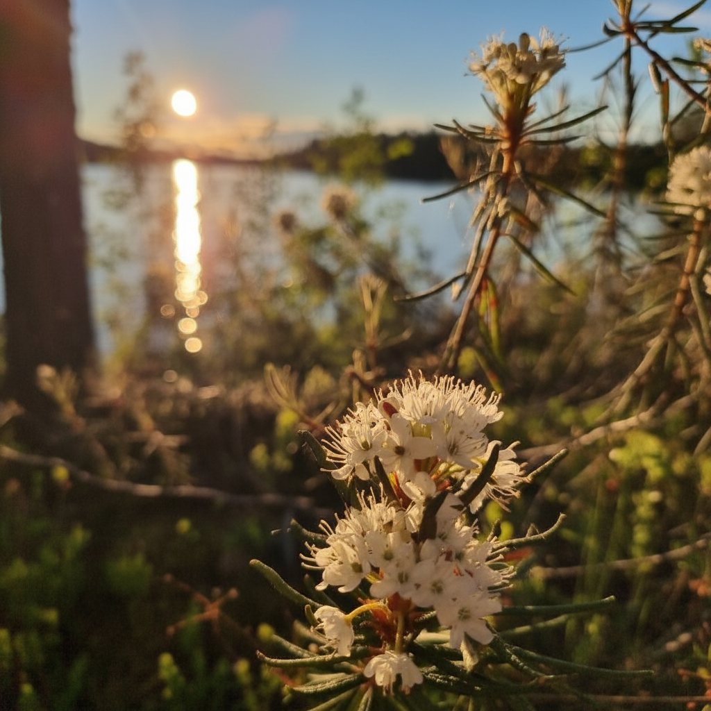 Labrador tea wildflowers by a Lapland lake at summer golden hour