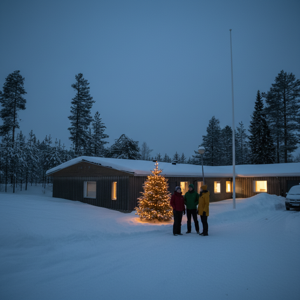 A lit Christmas tree in the snowy yard at twilight