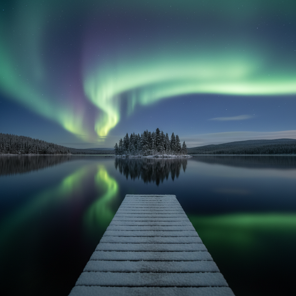 Winter lake with northern lights