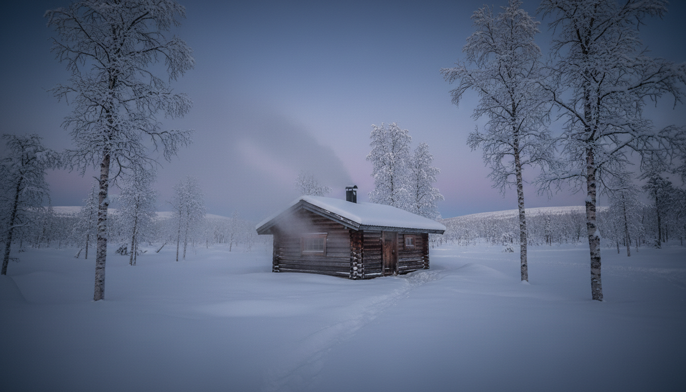 Traditional Finnish sauna building at Arctic Alma with warm interior overlooking frozen Lapland landscape