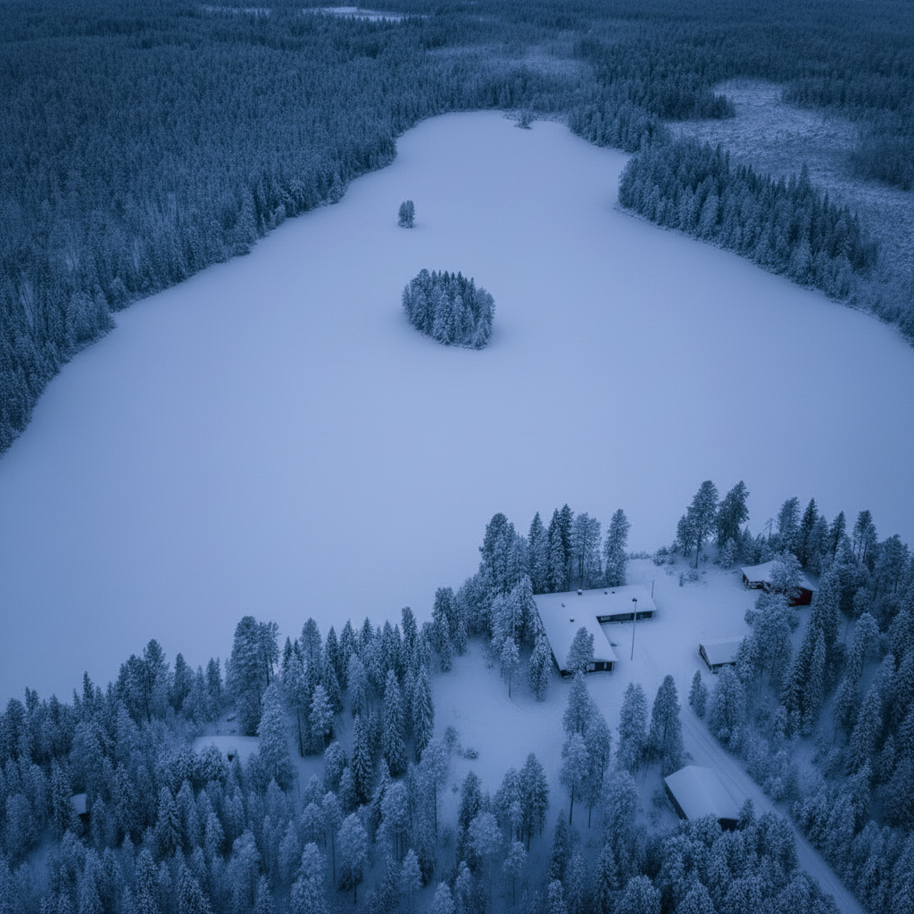 Aerial view of the frozen lake at Arctic dusk