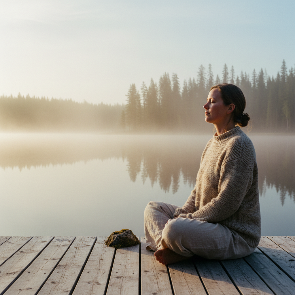 Morning meditation by a Lapland forest lake