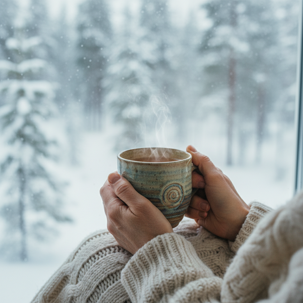 A warm cup of herbal tea by a snowy window