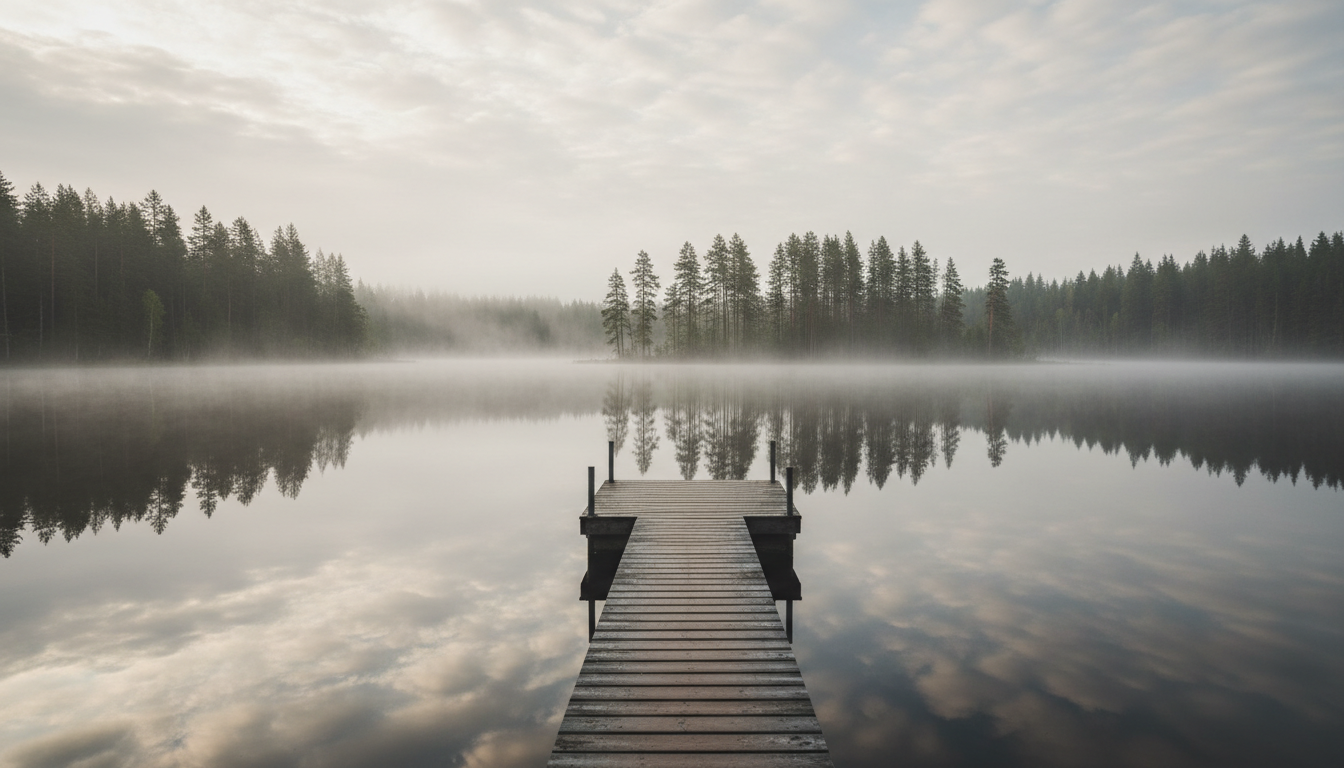 Misty Finnish lake at dawn