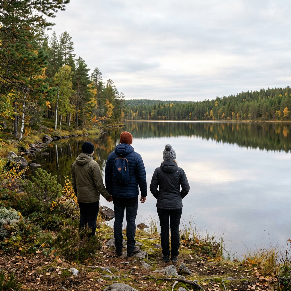 Friends gazing over a calm Lapland lake in autumn