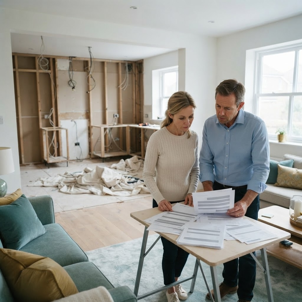 A couple reviewing renovation paperwork at a folding table