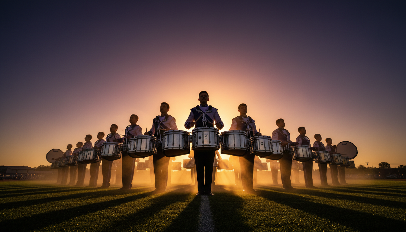 Drumline in formation at sunset