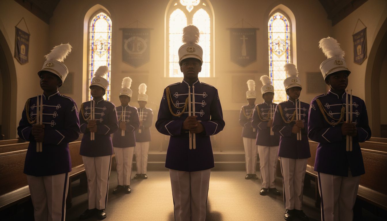 Drumline members in formation