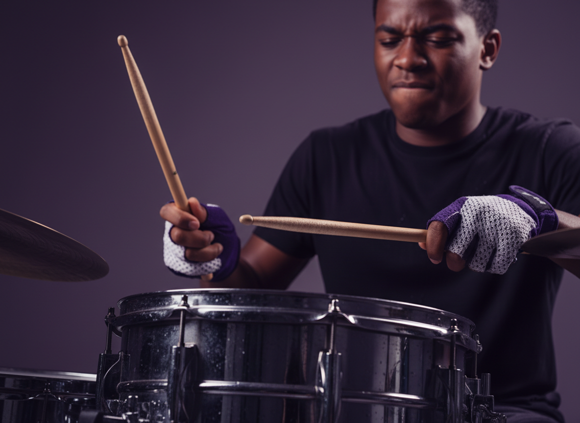 Drummer mid-stroke with intense focus