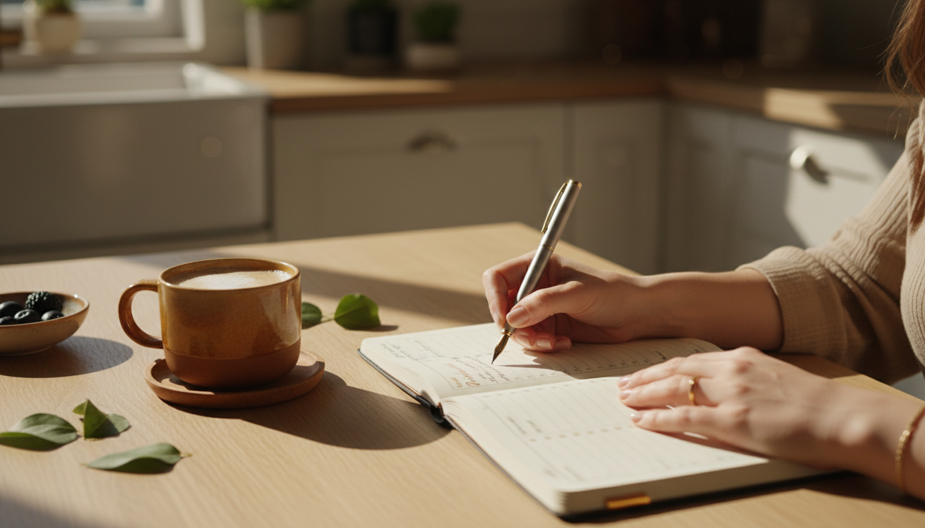 Hands writing in a planner during golden hour morning light