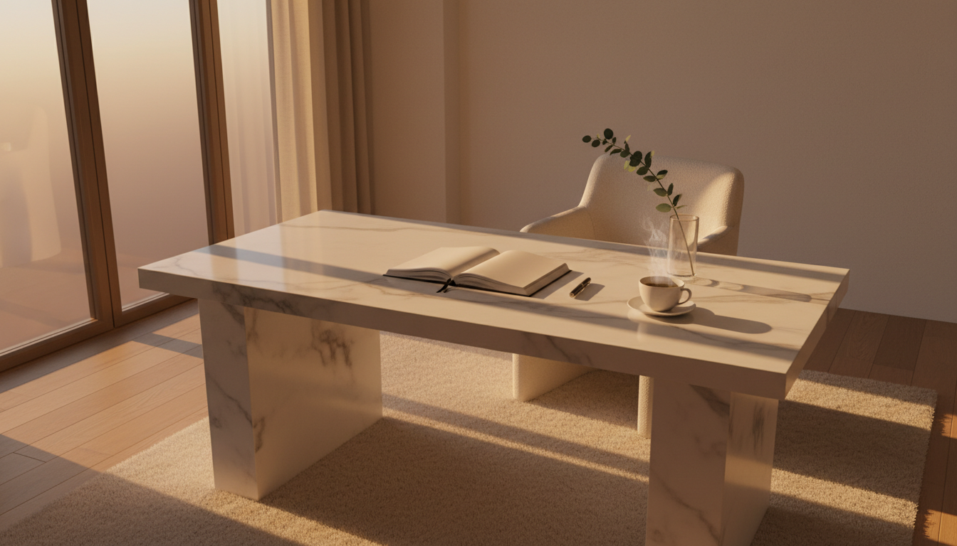 Serene organized workspace bathed in golden hour light