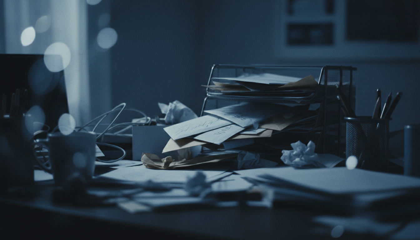 Scattered papers and overwhelm on a desk