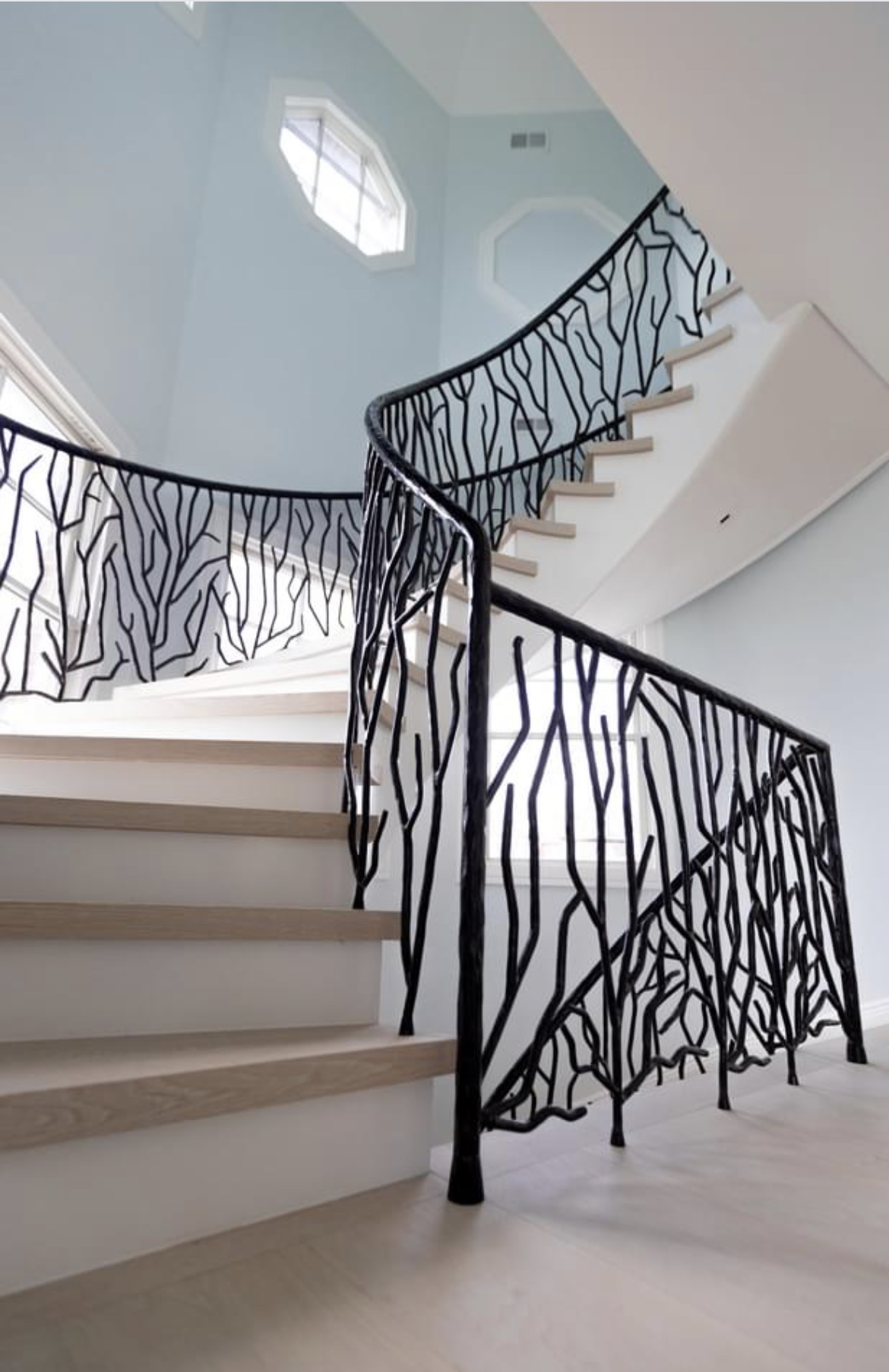 Custom Organic Branch Iron Curved Staircase Railing