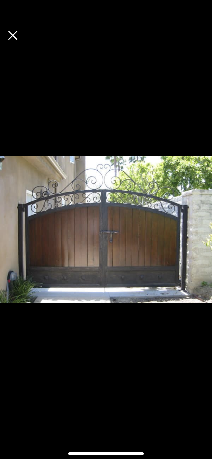 Wood & Iron Driveway Gate with Scrollwork Arch