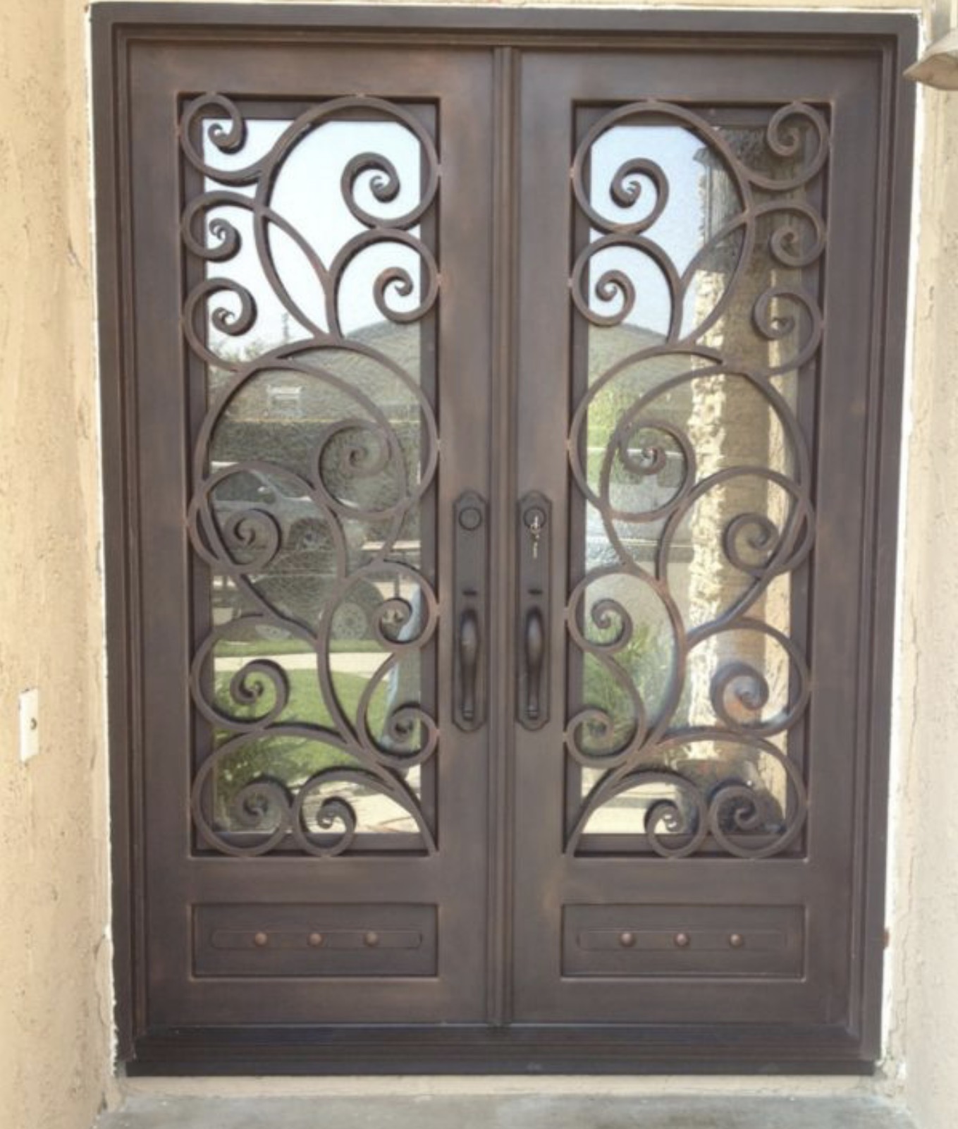 Double Iron Door with Floral Scroll Glass