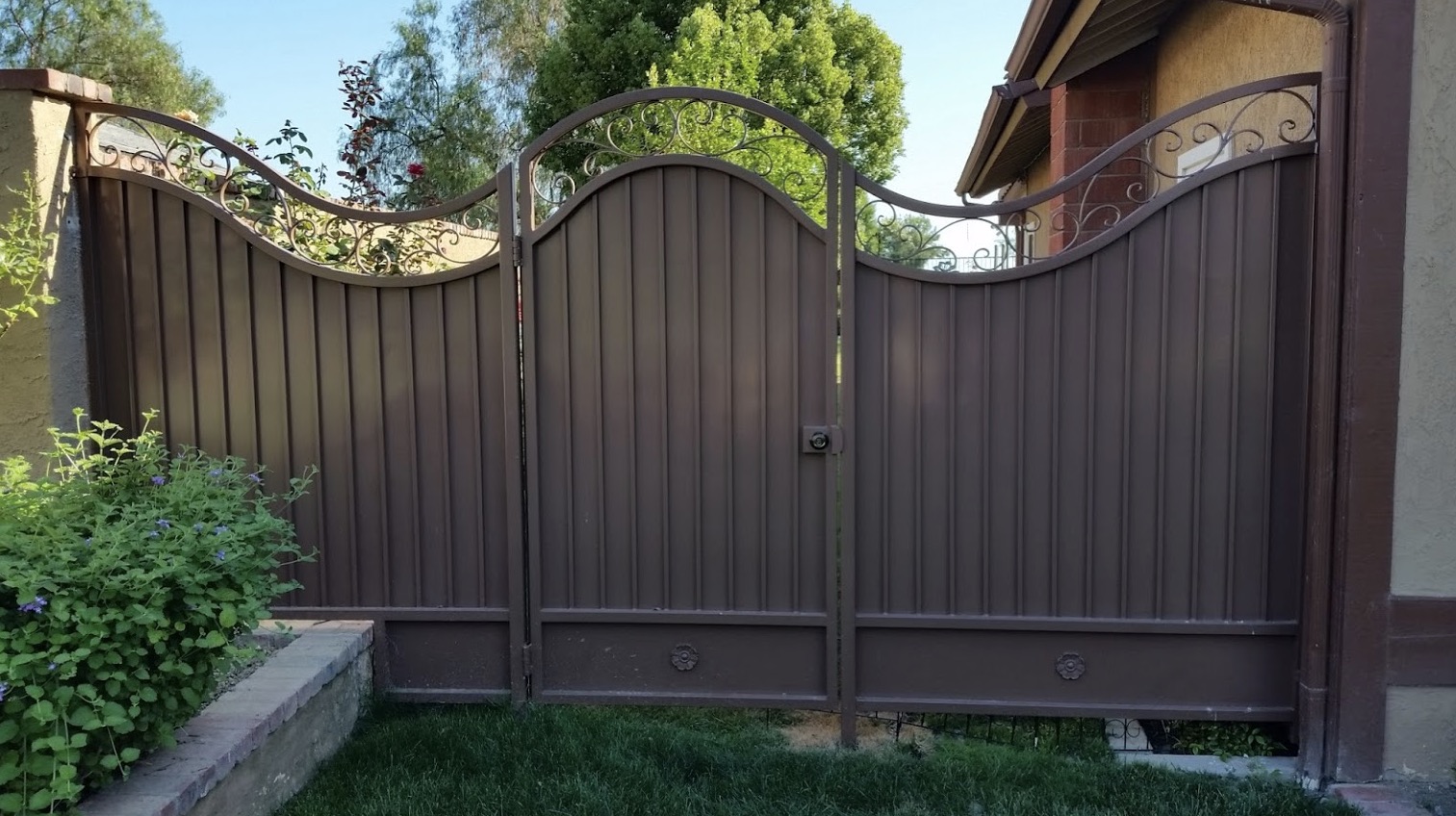 Bronze Steel & Wood Privacy Gate with Scrollwork